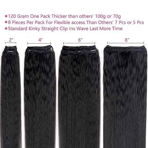 28 Inch Kinky Straight Clip In Hair Extensions Real Human Hair Kinky Straight Clip Ins #1B Natural Color Clip on Hair Extensions 8pcs with 18Clips Per Set 120g