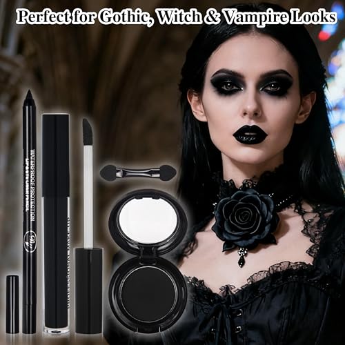Black Eyeshadow Palette Liquid Lipstick Eyeliner Set with Mini Brush, Smokey Eye Shadow Black Lip Gloss lip liner Set, Smudge Proof Long-lasting, Suitable for Halloween Cosplay Goth Witch Makeup