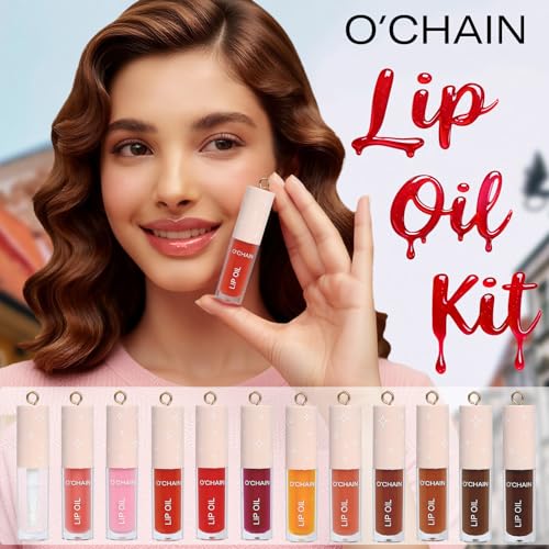 O'CHAIN 12 Color Lip Oil Set with Keychain - Moisturizing & High Shine