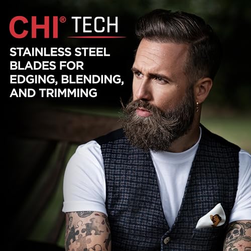 CHI Tech Cordless Mini Trimmer & Clipper, Hair Trimmer for Edging, Blending & Beard Trimming, Stainless Steel Blades, Includes 4 Guard Attachments