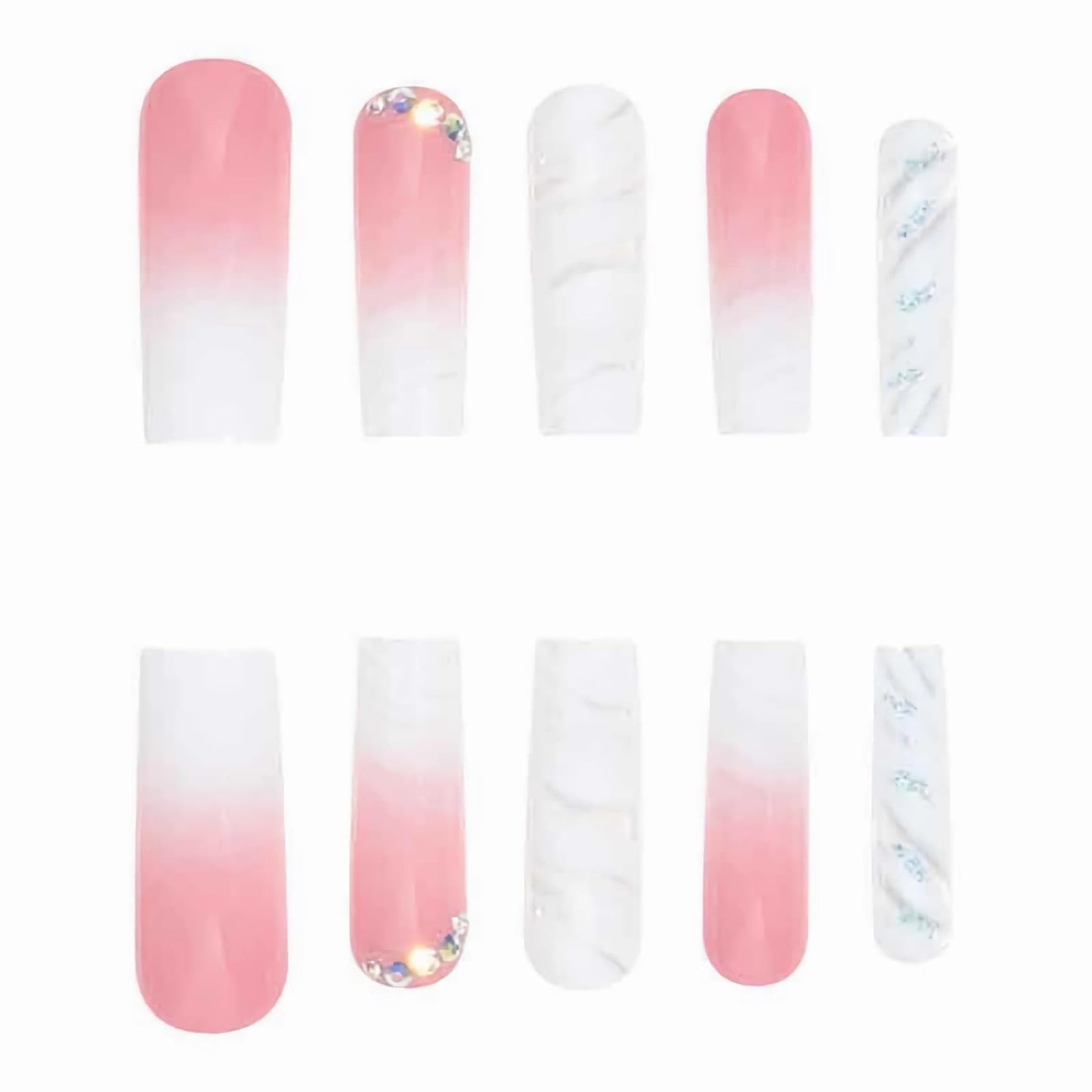 BABALAL Square Press on Nails Long Fake Nails Pink White Glue on Nails Glitter Rhinestone Acrylic Nails 24Pcs Shiny Squoval Manicure False Nails