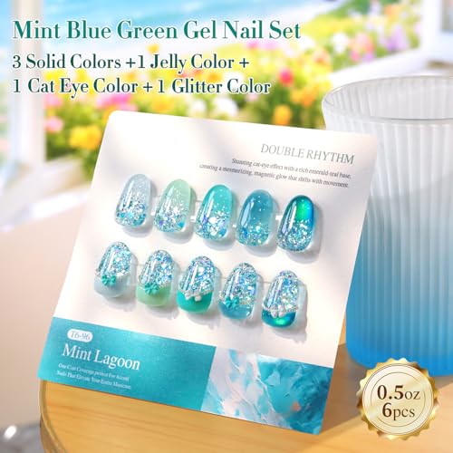 Double Rhythm 6 Pcs Gel Nail Polish Set - Mint Green Cat Eye & Glitter