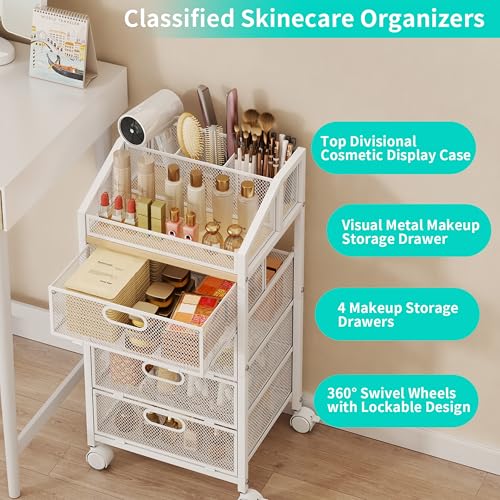 HapiRm White Rolling Makeup Cart Organizer with 5 Sections & Mesh Drawers