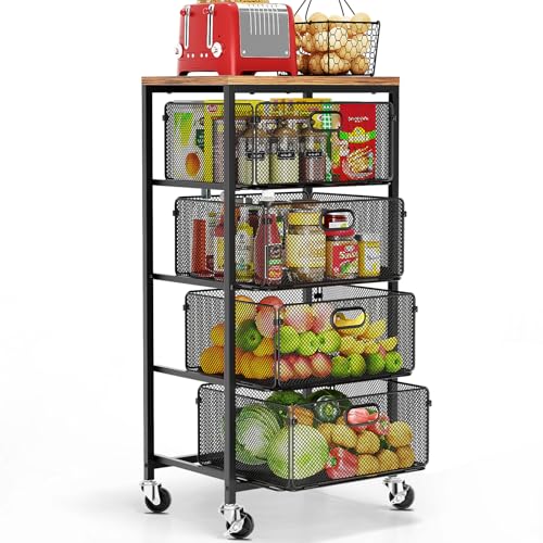 Goovilla 4-Tier Rolling Kitchen Cart with Drawers & Wooden Top