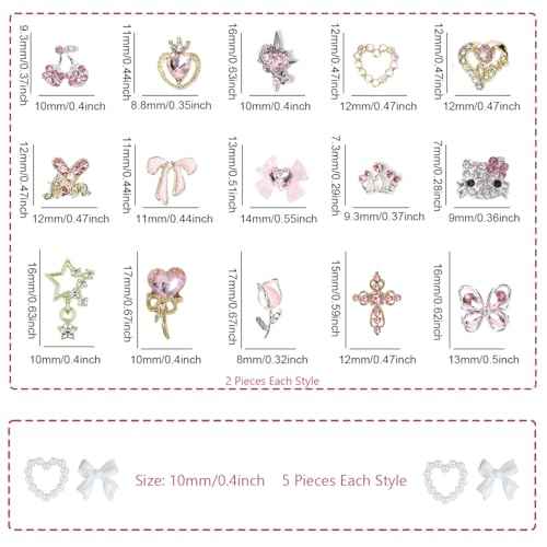 40PCS Nail Charms Y2k Pink Gold Nail Art Rhinestone Charms 3D Heart Star Bow Cherry Nail Gems for Acrylic Nail Accessories for Women Girl Manicure DlY Crafts Supplies