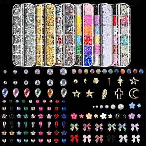 Nail Charms Art Kit with 30 Sheets Gold Nail Stickers and 6 Boxes of Nails Gems with Manicure Art Tools for 3D Nails Supplies DIY Charms and Rhinestones