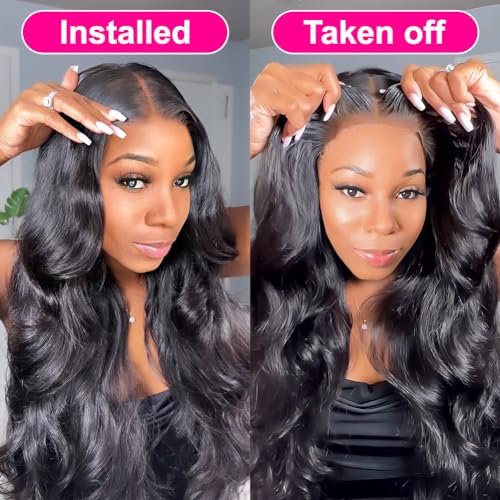 Hedy Wear and Go Glueless Wigs Human Hair Pre Plucked Pre Cut HD Lace No Glue Body Wave Lace Front Wigs for Black Women Human Hair Glueless with Natural Hairline 180% Density 22 Inch