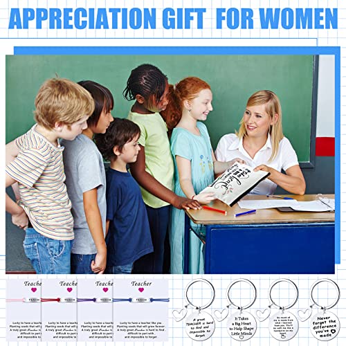 Funtery 16 Pcs Teacher Appreciation Gift Set 4 Cosmetic Bags 4 Keychains 4 Blessing Card Bracelets, 4 Pair Socks