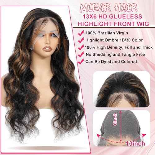 13x6 Ombre Lace Front Wig Human Hair 1B/30 Highlight Lace Front Wig 180% Density Body Wave HD Transparent Lace Frontal Wigs Human Hair Colored Balayage Wig for Black Women 26 Inch