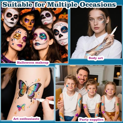 12 Colors Metallic Face Paint Glitter Tattoo Kit, Washable Glittering Face Body Painting Pens for Halloween Makeup Party Festival Clubs Cosplay Costume