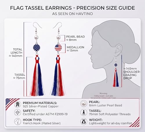 5.7 inch Tassel Patriotic Earrings - Handmade 925 Silver Plated Jewelry