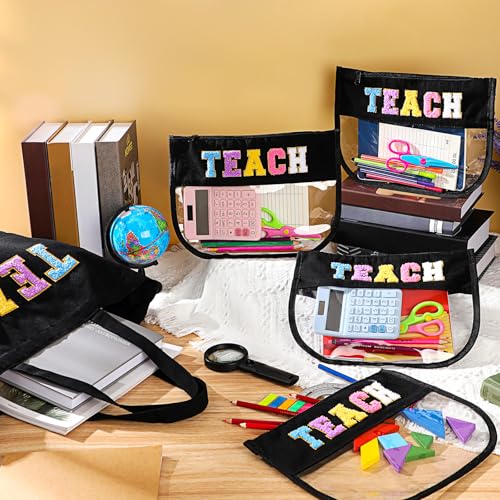 Talltalk 12 Pcs Teacher Tote Bags Bulk, Black Appreciation Gifts Chenille Letters Totes Bags with Makeup Pouch Set for Easter Graduation Party Teacher Gifts
