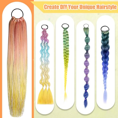 Ombre Hair Extensions Hair Tinsel Colored Hair Ponytail with Hair Tie, High Temperature Synthetic Crochet Braided Ponytail Extension, 26" Glitter Hair Accessories for Girls Women Crazy Hair Day (#17)