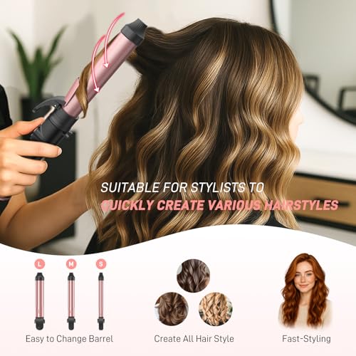 MESCOMB Blush Red Automatic Curling Iron 1 Inch with 3 Interchangeable Barrels