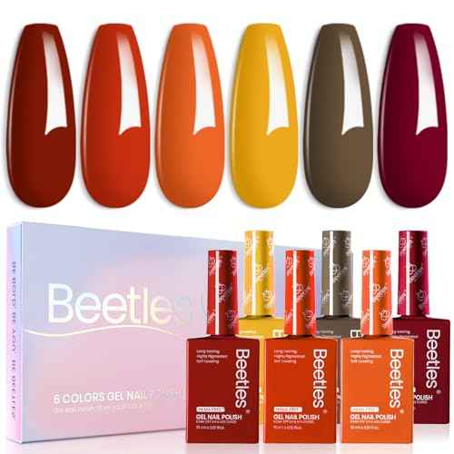 Beetles Orange Gel Nail Polish Set 6 Colors Burgundy Brown Dark Red Yellow Light Orange Fall Gel Polish Kit Soak Off UV LED Hema Free DIY Home Salon Gift for Women Autumn Dusk