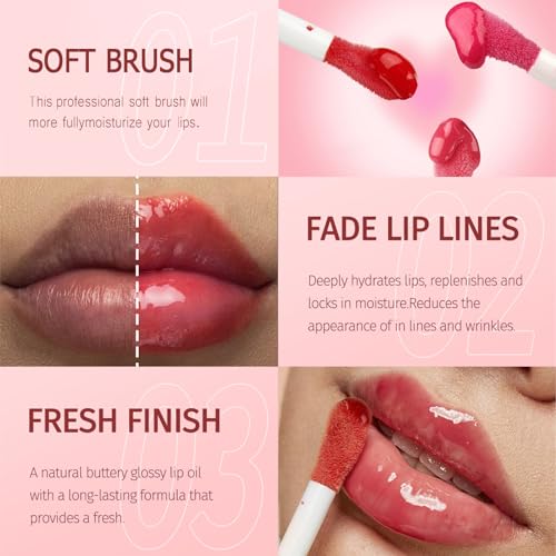 8 Colors Lip Oil with Soft Brush | Hydrating Plumping Lip Gloss