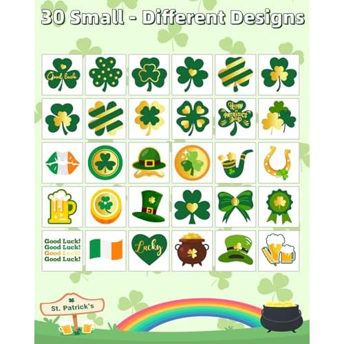 32 Sheets 100+ PCS Glitter St. Patrick's Day Shamrock Temporary Tattoos with Gold Foil Highlights, St. Patrick's Day Accessories, Party Favors, All Ages