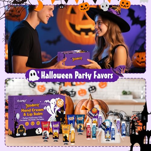 50 Pack Halloween Hand Cream and Lip Balm Set, Bulk Halloween Gifts with Halloween Cards and Organza Bag, Halloween Decorations and Halloween Party Favors Goodies for Women