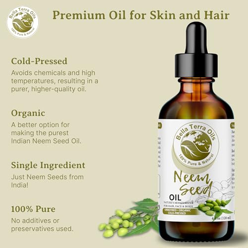 Bella Terra Oils - Organic Neem Seed Oil 2oz - Cold-Pressed Authenticity, Boosted with Antioxidants & Vitamin C, Perfect Elixir for Face & Skin