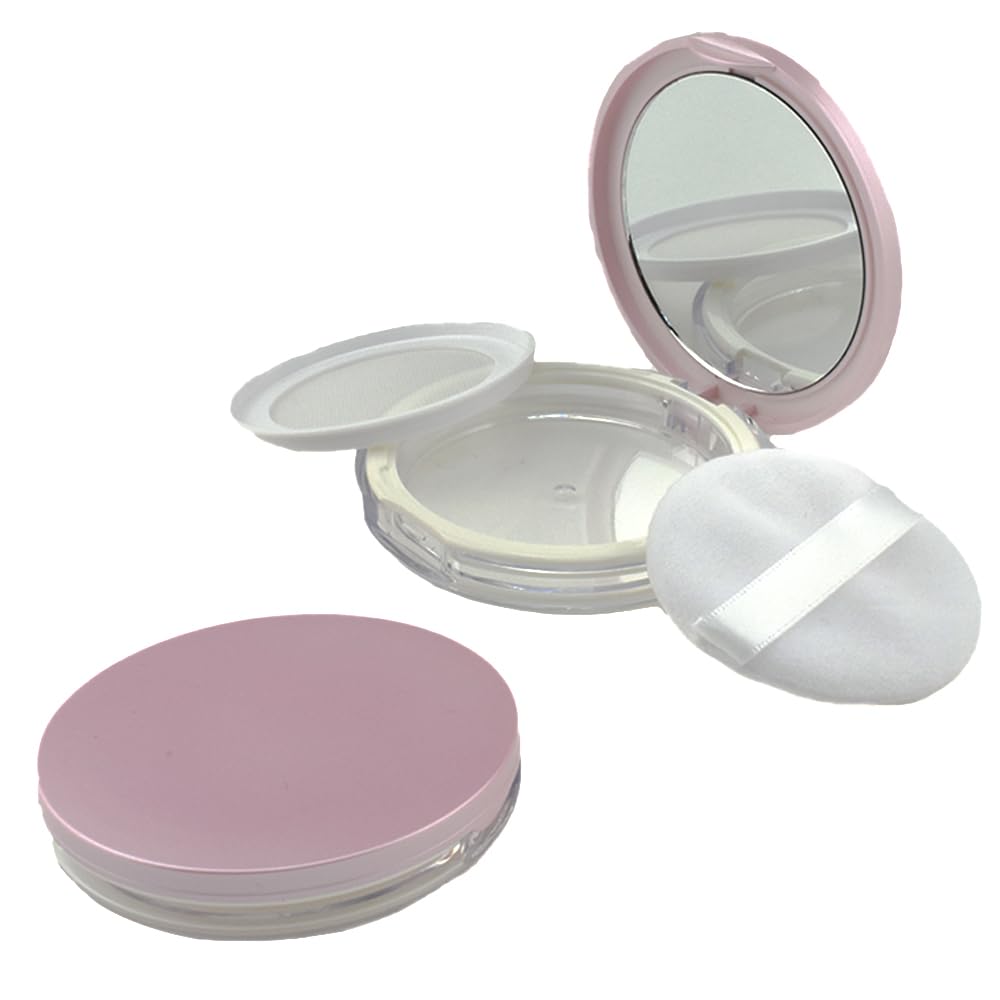 HAHIYO Empty Travel Powder Container Small Loose Powder Compact Case Makeup Cosmetic Jar Refillable Powder Box No Leak Powder Holder with Elastic Mesh Sifter Pink Lid and Mirror, 2Pcs 5ml/0.2oz