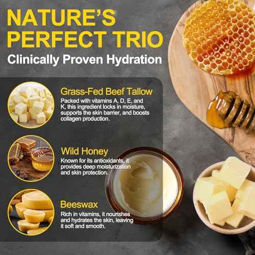 Beef Tallow for Skin, Whipped Tallow Honey Balm for Face -Fed Beef Tallow & Raw Wild Honey - Organic Moisturizer for Soft, Smooth Skin- Light Scent, Moisturizing Natural Formula, 4.2 Oz