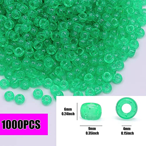 Auvoau 1000Pcs Pony Beads Bracelet 9mm Green Glitter Plastic Barrel Pony Beads for Necklace,Hair Beads for Braids for Girls,Key Chain,Jewelry Making (Green Glitter)