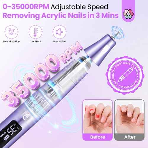 SAVILAND Electric Nail Drill: 35000RPM Cordless Electric Nail File Portable Nail Drill Professional 0 Vibration Hight Speed for 3 Mins Removal Acrylic for Manicure Pedicure Nail Salon at Home£¨Purple£©