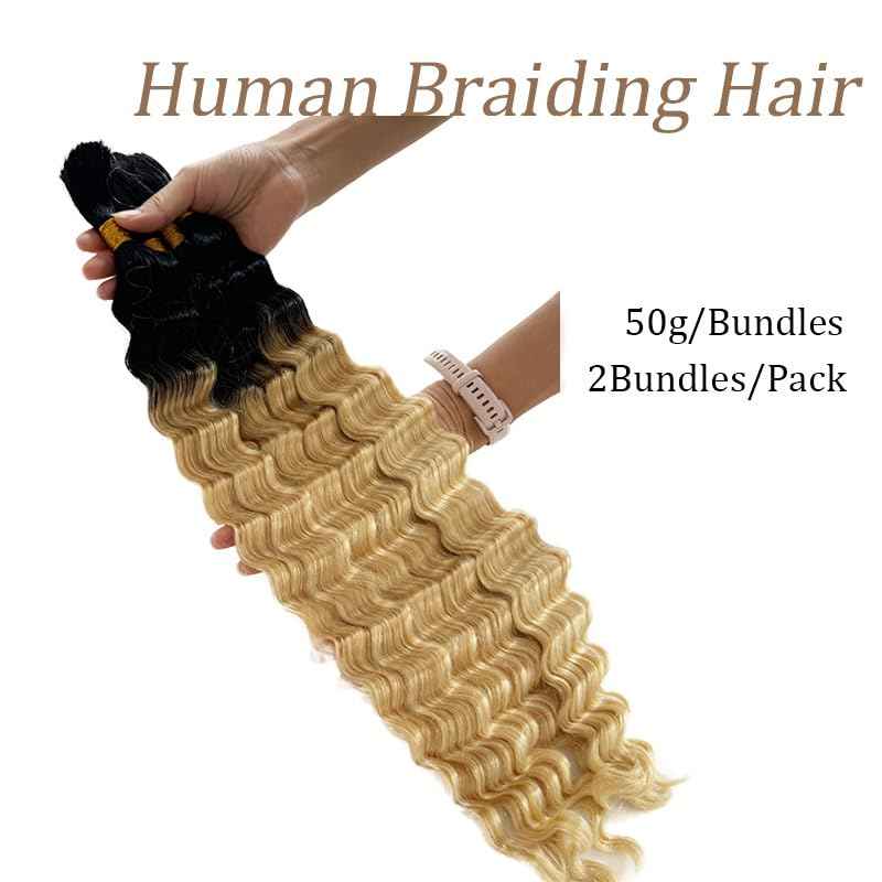 Human Braiding Hair for Boho Braids Ombre Blonde 100g 16 Inch Deep Curly Wave Natural Black Color for Boho Braids Remy Hair No Weft Boho Human Braiding Hair with Dark Roots Curly 2 Bundles/Pack