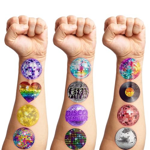 96PCS 70s Disco Ball Pre Cut Temporary Tattoos Themed Birthday Party Decorations Supplies Decor Favors Boogie Dance Groovy 1970s Retro Tattoo Stickers Gifts for Game Boys Girls Class School Prizes