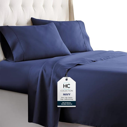 Twin Sheets Set, 3 pc Bed Sheets & Pillowcase Set - Machine Washable for Easy Care - Soft & Breathable All Season Microfiber Sheets with Deep Pockets - Navy