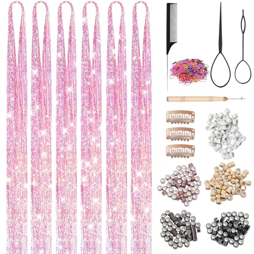 Dream Pink Hair Tinsel Kit, 1800 Strands with Tools