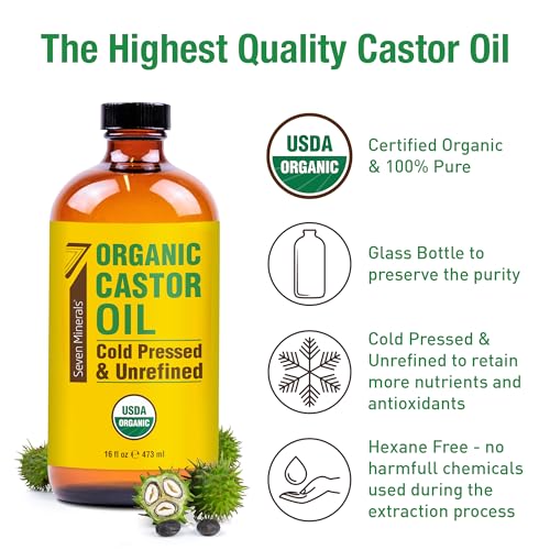 Seven Minerals Organic Castor Oil 16oz Glass Bottle