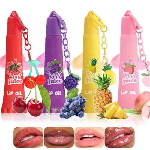 4 Colors Hydrating Lip Gloss Keychain,Glossy Plumping Nude Fruit Flavored Lip Gloss for Girls,High Shine Finish Lip Jelly Liquid Lipstick for Women