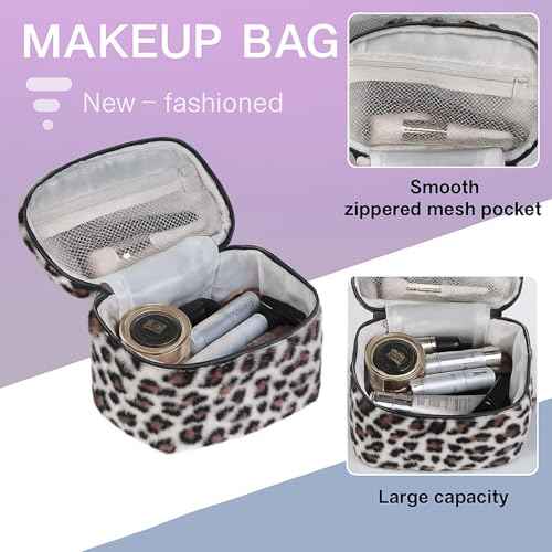 Plush Travel Makeup Bag Toiletry bag for Women Soft Fluffy Cosmetic Bag Portable Foldable (Beige Leopard)