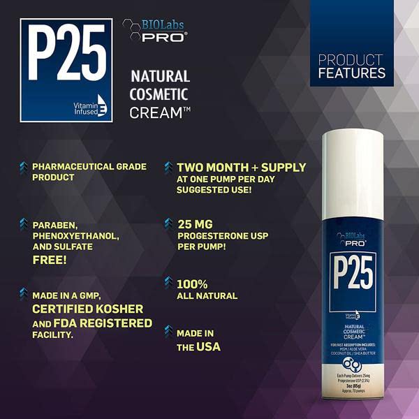 BIOLABS PRO Natural P25 Cosmetic Cream - 1750MG Progesterone per Bottle - 2.5% - Two Month Supply (Unscented - 3oz)