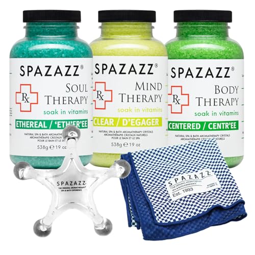 RX Therapy Spa and Hot Tub Aromatherapy Scented Relaxation Bath Salt Crystals - Mind Body and Soul Bundle Gift Set (19 Oz) Includes 5 Point Full Body Massage Tool & Hot Cold Towel (19OZ 3 Pack)