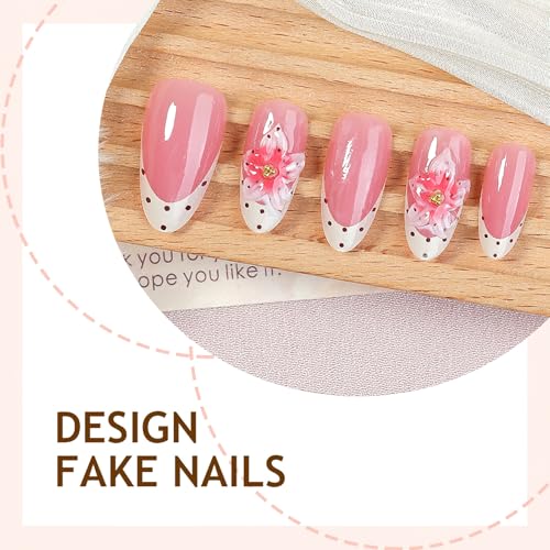 Jremg Color6 Pink Flower Polka Dot French Tip Press On Nails 24Pcs Summer Cute Fake Nails