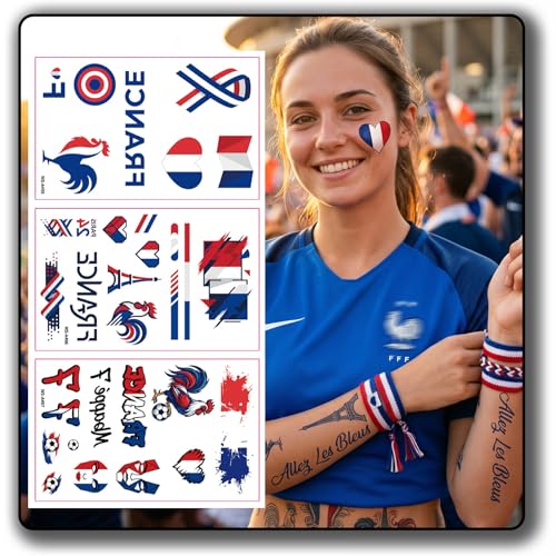 France Flag Temporary Tattoos, 3-Sheet Waterproof Set