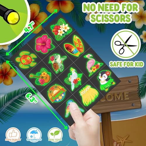 72 PCS Hawaiian Party Favors ? 48 PCS Luminous Tattoos & 24 PCS LED Finger Lights Combo ? Birthday Goodie Bag Fillers, Party Supplies, Gifts Light Up Toys Glow In The Dark for Boys and Girls