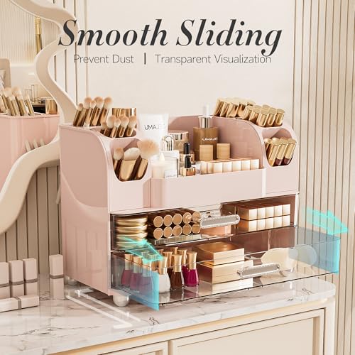 Delamu Pink Large Makeup Organizer with 6 Brush Holders Countertop Storage