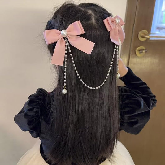 Hair Bow Accessories for Girls Women Pink Hair Bow with Pearls Tassel Ribbon Bow Hair Clips Small Silk Hair Bows for Women Bow Decor Hair Clip Satin Bowknot Hair Clips Head Clips for Women's Hair