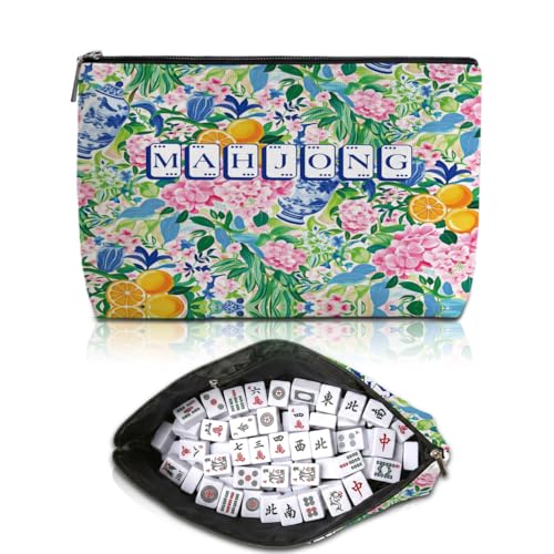 Blue Leaves Multicolor Floral Mahjong Tile Bag with Zipper - American Mahjong Case