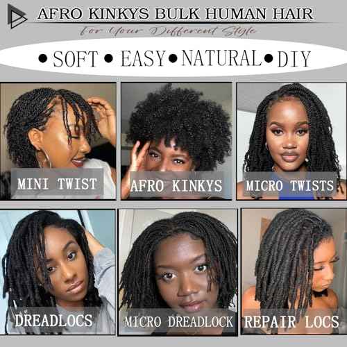 Afro Kinkys Bulk Human Hair 12 Inch 100g Nature Black Afro Kinky Curly Human Hair Bulk for Dreadlock Extensions, Micro Locs, Braiding Twists, Braids and Repair Locs(12 Inch, 1b#)