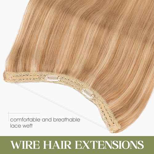 Halo Hair Extensions Real Human Hair Invisible Wire Extensions with Transparent Fish Line Adjustable Size Golden Brown & Bleach Blonde 16 inch