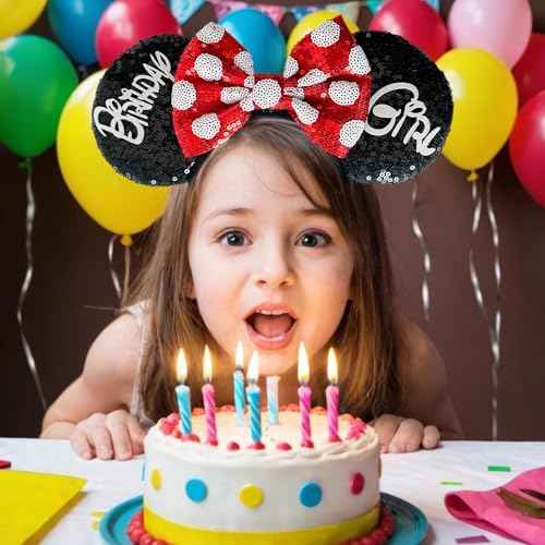 Birthday Mouse Ears Headband, Sequin Bow Headbands for Women Party Favors Cosplay Accessories