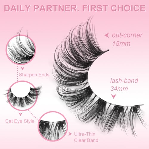 Wispy False Eyelashes 15mm Clear Band Faux Mink D-Curl
