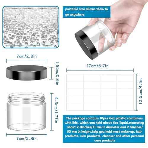 MotBach 10 Pack 6oz Plastic Jars with Lids, 180ml Round Clear Cosmetic Containers Makeup Jars, Travel Size Container Jar for Sample Cream Lotion Eyeshadow Powder Slime Ointment Salve Balm Storage