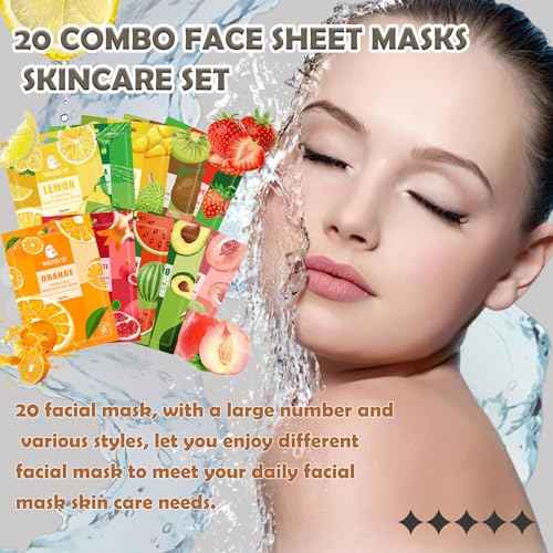 20 Combo Face Sheet Masks Skincare Set,Moisturizing Face Mask Skin Care Kit,Hydrating Facial Mask Gift Set for Women,Mom,Men,Wife & Girlfriends