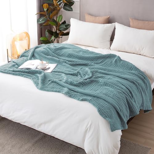 EMME Cotton Blanket Queen Size for Bed Soft Large Muslin Bed Blankets 80"x90" Lightweight Breathable Blanket All Season Gauze Blanket, Teal