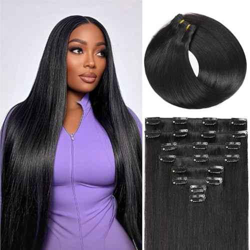 Clip in Hair Extensions Real Human Hair,100% Seamless Remy Human Hair Straight,Clip Extensions for Women, 8pcs Per Set with Double Weft,1B Natural Black,18inch 100g/3.5oz
